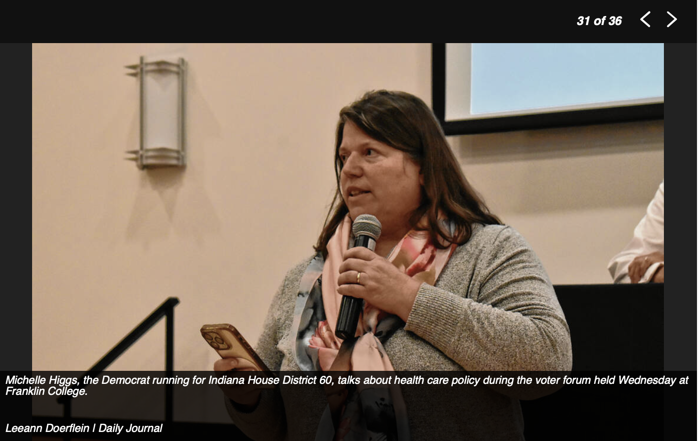 Michelle Higgs, the Democrat running for Indiana House District 60, talks about health care policy during the voter forum held Wednesday at Franklin College.