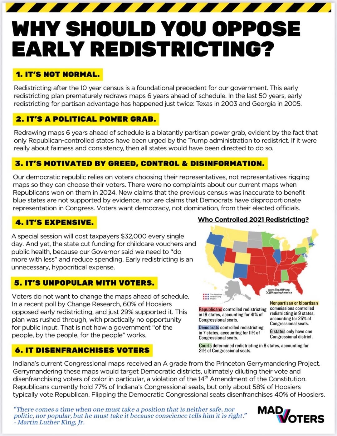 Flyer image from MADVoters "Why Should You Oppose Early Redistricting" with 6 highlights: 1) It's Not Normal 2) It's a Political Power Grab 3) It's motivated by Greed, Control, and Disinformation 4) It's Expensive 5) It's unpopular with voters 6) It disenfranchises voters