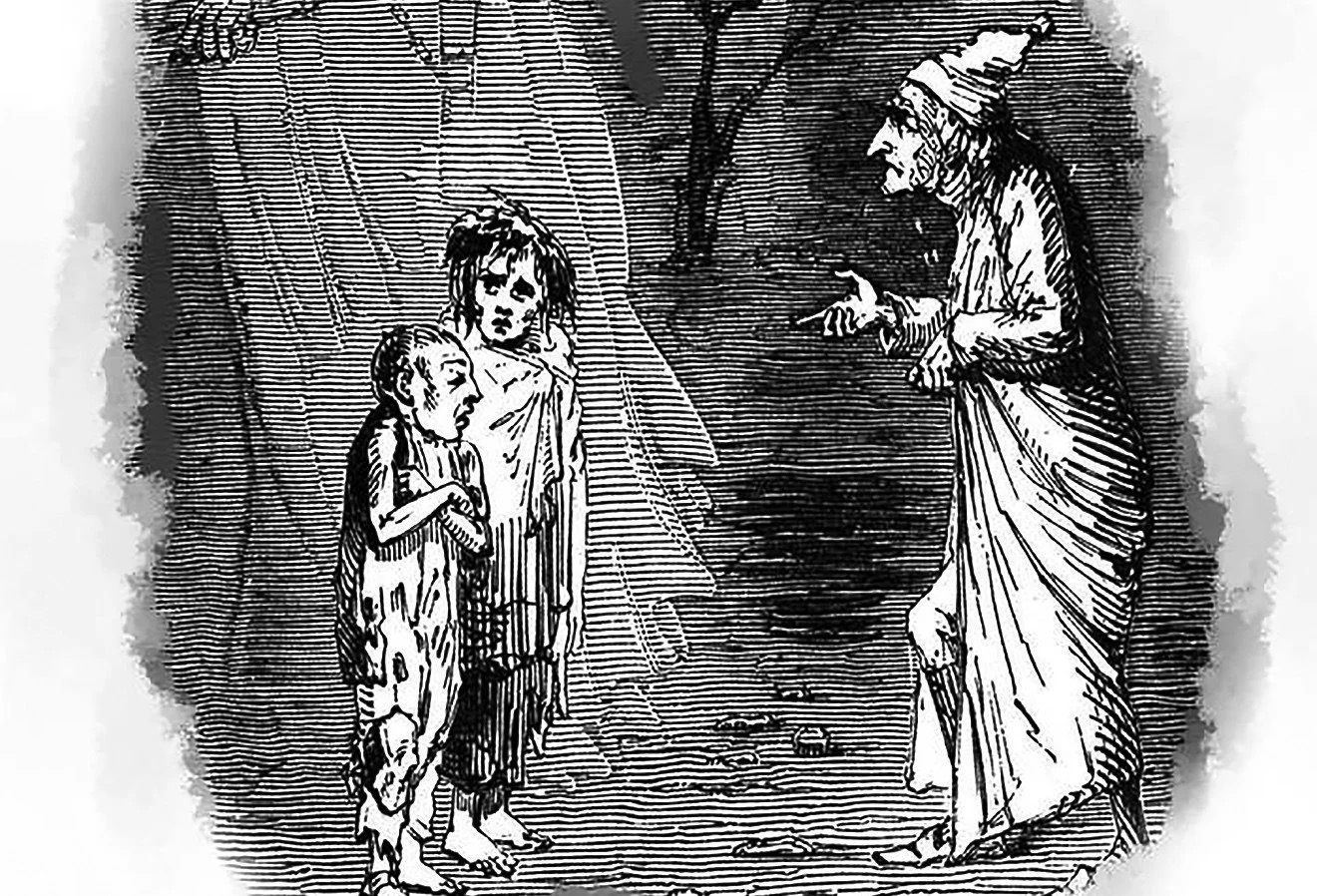 Victorian-style black-and-white illustration of a robed man, likely Ebenezer Scrooge, facing two ragged, barefoot children symbolizing Ignorance and Want, as described in Charles Dickens’ A Christmas Carol.