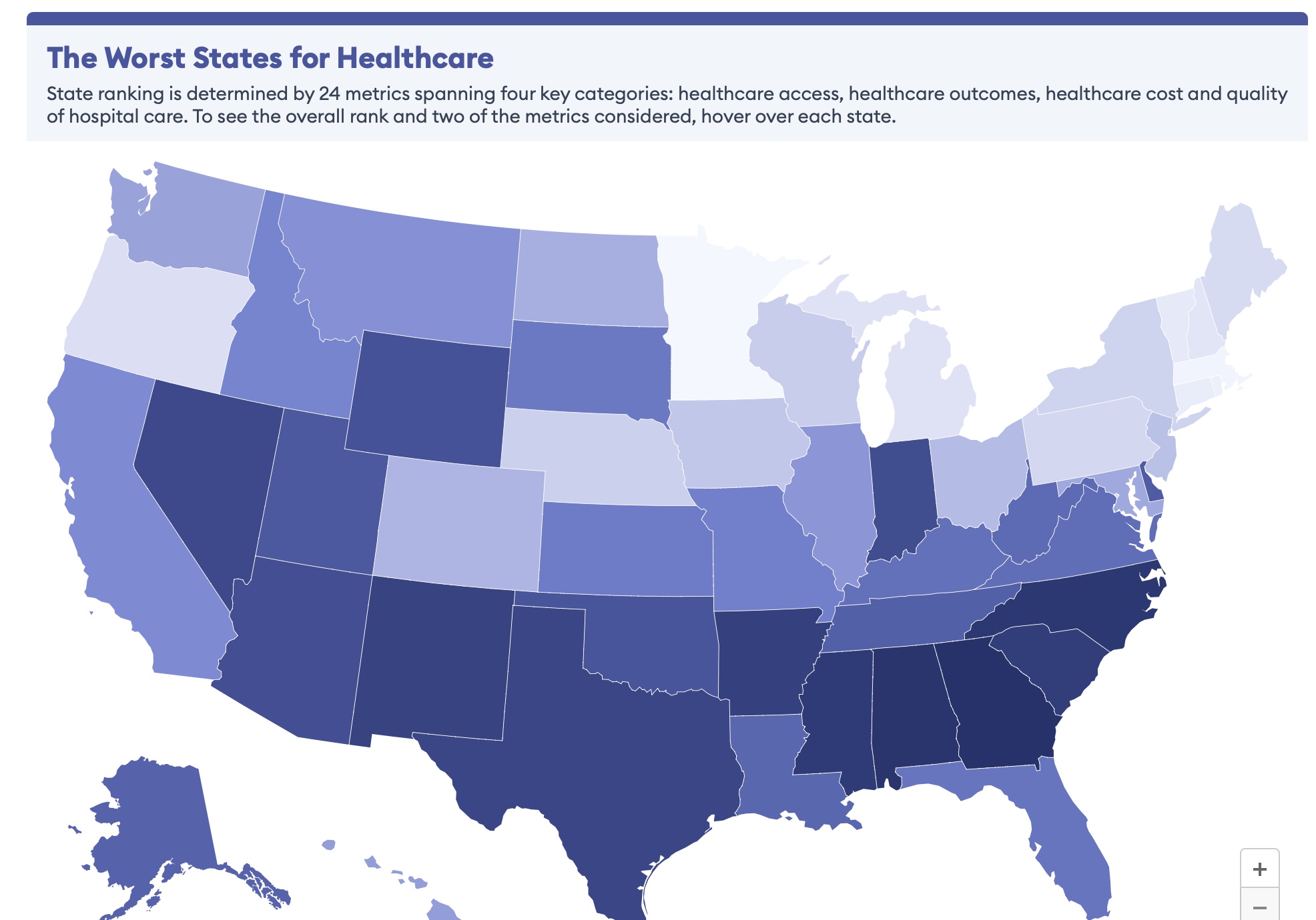 Map of US with varying shades of purple denoting overall healthcare rankings by state.