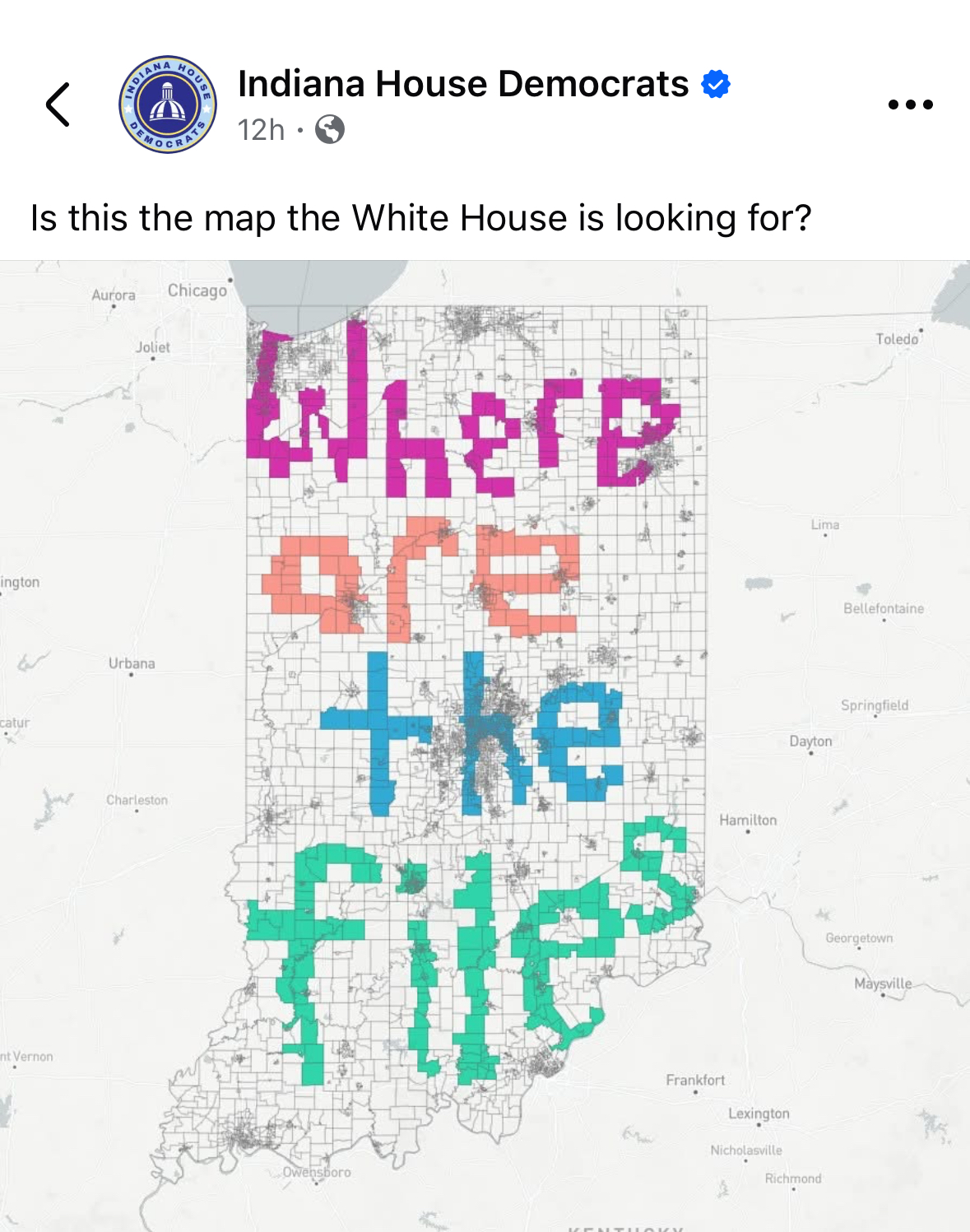 Indiana House Democrats social media post with a map of Indiana and counties colored in purple to look like districts, it reads "Where Are The Files"