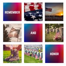 Collage image that reads "Remember and Honor" with US flags, soldier boots and memorial.