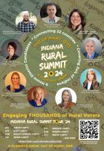 Indiana Rural Summit Tour 2024 poster with candidates' headshots and tour dates. For more information, visit: https://linktr.ee/IndianaRuralSummit