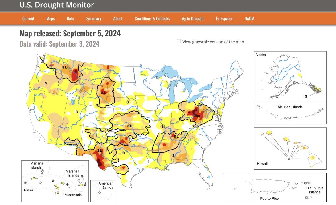 Map detailing drought conditions across the US as of 9/5/2024